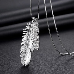 Long Alloy Silver Feather Chain Necklace for Women Feather