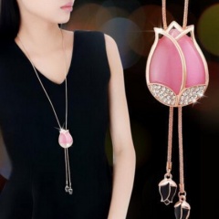 Tulip Opal Long Crystal Tassel Sweater Chain Necklace Pink