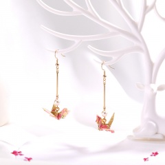 Ins Thousand Paper Crane Real Gold Plated Dangle Earrings Wholesale Pink