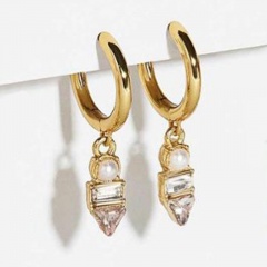 Gold Copper Crystal Pearl Simple Small Hoop Earrings Jewelry Moon