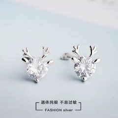 Copper Inlaid CZ Christmas Elk Silver Earrings White CZ
