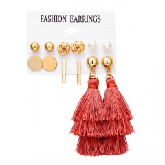 6 pairs/set Bohemia Gold Style Dangle Hoop Earring Set Wholesale Red