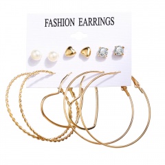 6 Pairs/Set Gold Silver Heart Hoop Statement Earring Set Wholesale Heart- Gold