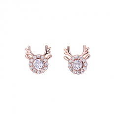 Copper Inlaid White CZ Christmas Elk Earrings Rose Gold