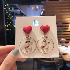 Christmas Circle White Elk Dangle Stud Earrings Jewelry Wholesale Heart Fawn