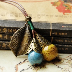 Ethnic Leaf Ceramic Sweater Chain Long Necklace Wholesale Yellow