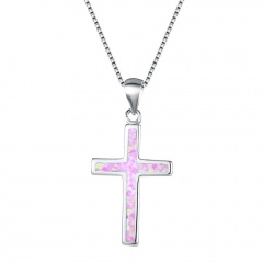 Silver Cross Pendant Chain Necklace Jewelry Wholesale Pink