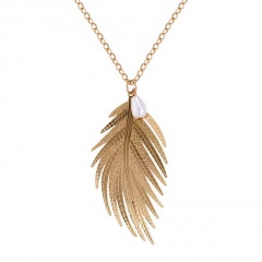 Feather Leaf Pearl Pendant Sweater Chain Necklace Gold