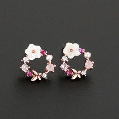 Copper Inlaid CZ Shell Flower Pearl Earring Rose Gold