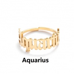 12 Constellation Stainless Steel Gold Letter Open Ring Aquarius