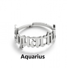 Silver 12 constellation stainless steel adjustable open ring Aquarius