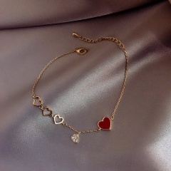 Red peach heart love inlaid rhinestone bracelet (Circumference: 16+3.5cm) gold