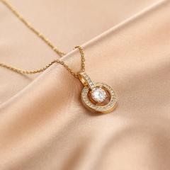Geometric inlaid cubic zirconia pendant stainless steel clavicle necklace (chain length 40+5cm) round