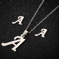 A-Z Letters Silver Stainless Steel Necklace Earring Set B