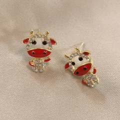 S925 silver needle Chinese style inlaid rhinestone earrings (size 1.5*1.8cm) red cow
