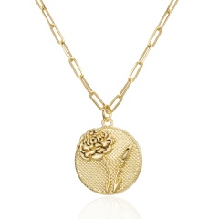 Month Flower Coin Pattern Pendant Embossed Flower Gold Necklace (Pendant size: 2*2cm, chain length: 46+5cm) Jan.Carnation