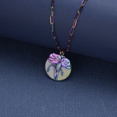 Colored month flower coin pattern pendant embossed flower necklace (Pendant size: 2*2cm, chain length: 46+5cm) Jan.Carnation