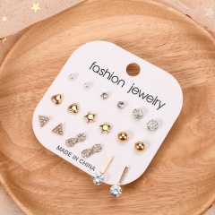 9 pairs/set heart-shaped five-pointed star rhinestone imitation pearl stud earrings gold
