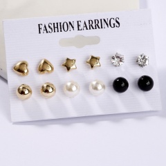6 pairs/set heart-shaped five-pointed star rhinestone imitation pearl stud earrings gold