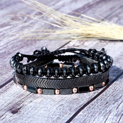 3pcs/set Hematite Arrow Combination Beaded Men's Bracelet Set (chain length 16-25cm) black