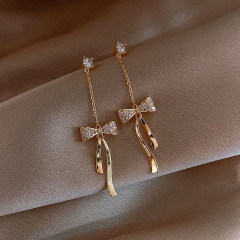 Bow Long Rhinestone Stud Earrings (size 5.4*1.5cm) gold