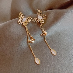 Butterfly long opal stud earrings (size 6.4*1.4cm) gold