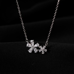 2 flowers inlaid cubic zirconia copper clavicle necklace (chain length 45+5cm) platinum