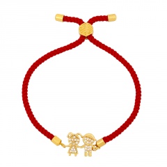 Boy And Girl Inlaid White CZ Red Rope Adjustable Bracelet Red