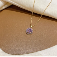 Round Rotating Cubic Zirconia Titanium Steel Necklace (chain length 45cm) purple