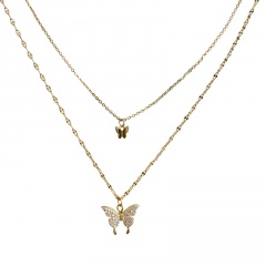 Large and small butterfly cubic zirconia double layer copper clavicle chain necklace gold
