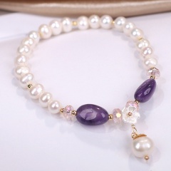Purple crystal flower freshwater pearl bracelet (Circumference: about 16cm) White