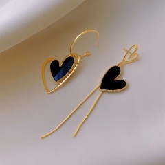 925 Silver Needle Love Heart Black Asymmetric Enamel Stud Earrings (5.8/9*2.8cm) gold