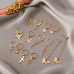 Butterfly lightning five-pointed star cross earring stud gold earring (size 2*5cm) opp 7pcs/set