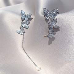 Butterfly Asymmetric AB Rhinestone Imitation Pearl Long Tassel Stud Earrings (size 7.5/2..5cm) gold
