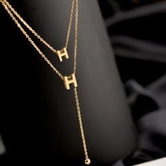 Letter H Double Layer Titanium Steel Clavicle Necklace (Chain length about 36/42+5cm) gold