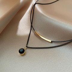 Round Black Pendant Double Clavicle Chain Necklace (chain length 35/37+6cm) black