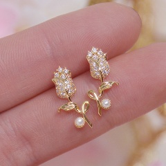 925 Silver Needle Tulip Flower Cubic Zirconia Imitation Pearl Copper Earrings (size 1.7*0.8cm) gold