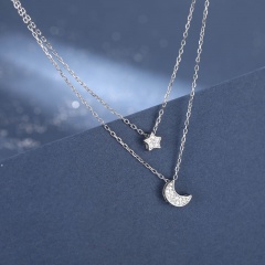 Pentagram Moon Cubic Zirconia Pendant Double Copper Clavicle Necklace (chain length 41/46+5cm) silver