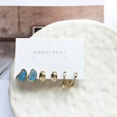3 pairs of enamel C-shaped geometric combination earrings set (Earring size: 1.5/1.7/2.7cm) blue