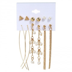 6 pairs of imitation pearl inlaid with rhinestone geometric combination stud earrings set (Earring size: 0.5-8.5cm) A