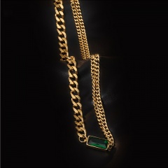 Green Crystal Pendant 18K Gold Plated Double Chain Titanium Steel Clavicle Necklace (chain length 38+5cm) gold