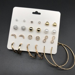 12pairs/set Imitation pearl round heart-shaped set with rhinestone combination earrings (size 0.4-4.7cm) gold