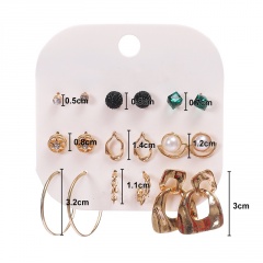 9pairs/set imitation pearl round inlaid rhinestone stud earrings set (0.5-4.5cm) B