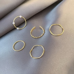5pcs/set Pearl spiral simple gold-plated opening combination ring set gold