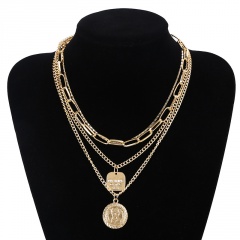Imitation pearl head coin embossed chain multi-layer necklace (Size: 36~52+5cm) Square card