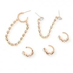 5pcs/set C-shaped claw chain inlaid cubic zirconia tassel earrings set (Size: ear ring 6cm, ear stud 9cm, ear clip 2cm) gold