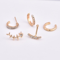 5 pcs/set Rear-hanging fish bone inlay rhinestone C-shape earrings set gold