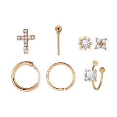 Cross Flower inlaid rhinestone ear clip combination earrings set (Size: Cross 1cm, flower 0.7cm, ear ring 1.3cm) gold