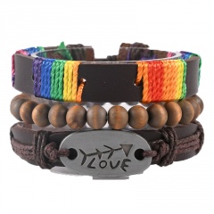 3pcs/set love rainbow brown wooden beads retro woven leather adjustable bracelet set A