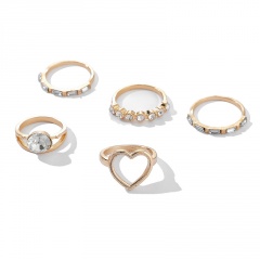 5pcs/set Geometric Love Heart Inlaid Rhinestone Ring Set (size 2cm) gold
